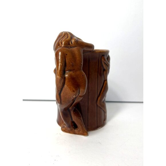 Vintage Japan Ceramic Mug Risque Nude Pin Up Girl Strip Tease Brown Tiki - Picture 4 of 7